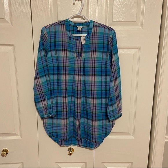L.L.Bean 100% Linen Premium Washable Linen Long Tunic Top Plaid Small - Picture 4 of 11